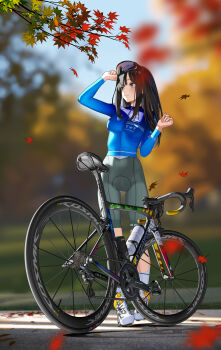 Rule 34 | 1girl, autumn, autumn leaves, bicycle, black hair, blurry, blurry background, bottle, branch, check commentary, commentary, commentary request, cycling uniform, day, falling leaves, goggles, goggles on head, green shorts, highres, hitomi kazuya, leaf, long hair, looking to the side, original, outdoors, road bicycle, shorts, skin tight, socks, solo, standing, tinted eyewear, white socks