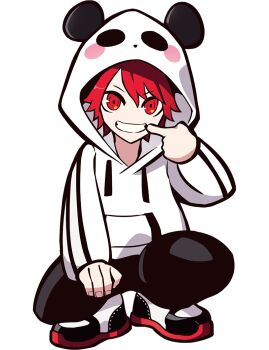 animal_ear_hood animal_ears animal_hood artist_request black_pants black_shoes clenched_teeth crazy_raccoon double_vertical_stripe drawstring facing_viewer fake_animal_ears fingernails full_body hood hood_up hoodie looking_at_viewer male_focus mouth_pull multicolored_shoes official_art panda_ears panda_hood pants red_eyes red_hair rion_(crazy_raccoon) second-party_source shoes short_hair solo striped_sleeves tachi-e teeth thick_lineart transparent_background vertical-striped_sleeves white_hood white_hoodie white_shoes