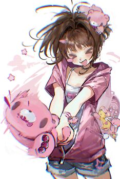 >_< 1girl :d absurdres alternate_costume backpack bag blush_stickers brown_hair cameo cardcaptor_sakura character_doll character_print chinese_commentary closed_eyes commentary_request cowboy_shot denim denim_shorts doll fashion gloomy_bear heisei_retro highres holding holding_stuffed_toy hood hood_down hooded_jacket itazuraguma_no_gloomy jacket kero_(cardcaptor_sakura) kinomoto_sakura open_clothes open_jacket open_mouth pink_jacket randoseru ruffian439 short_hair shorts simple_background single_blush_sticker smile solo_focus standing stuffed_animal stuffed_toy tank_top teddy_bear variant_set white_background white_tank_top