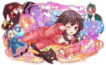 2girls alternate_costume anime_coloring aqua_bow artist_request barefoot bat_wings beads black_cat black_hair black_hat black_tail blonde_hair blue_bonnet blue_dress blue_eyes blunt_bangs blush bonnet bow breasts brown_footwear button_gap buttons cat chomusuke clenched_teeth closed_mouth collar collarbone collared_shirt crash_fever cross doll downblouse dress dress_bow familiar frilled_bow frilled_sleeves frills full_body game_cg gradient_hair green_bow green_dress green_eyes hair_bow hair_down hat heart heart-shaped_pillow juliet_sleeves knot kono_subarashii_sekai_ni_shukufuku_wo! lace-trimmed_sleeves lace_trim light_brown_hair light_particles long_hair long_sidelocks long_sleeves lying medium_hair megumin multicolored_hair multiple_girls neck_ribbon no_headwear number_print numbered official_alternate_costume official_art official_style on_floor on_side on_stomach one_eye_closed open_mouth outline pajamas pants petticoat pillow pink_pajamas pink_pants pink_sleeves polka_dot_pillow puffy_sleeves red_eyes red_outline ribbon rubbing_eyes rug shirt short_hair short_hair_with_long_locks sidelocks sleepy small_breasts socks solid_oval_eyes solo sparkle square square_print tachi-e teeth third-party_source toenails toes transparent_background undershirt unworn_headwear waking_up white_collar white_shirt white_sleeves white_socks wide_sleeves wings witch_hat yawning yellow_eyes