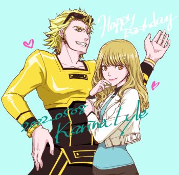 1boy 1girl aqua_background aqua_shirt black-framed_eyewear blonde_hair bracelet brown_eyes brown_hair character_name closed_mouth commentary_request cropped_jacket dated earrings eyelashes eyewear_on_head fingernails gold_bracelet green_eyes grin hand_on_own_chin hand_on_own_hip happy_birthday heart jacket jewelry karina_lyle lips long_hair long_sleeves one_eye_closed open_clothes open_jacket ryan_goldsmith shirt short_hair smile sunglasses teeth tiger_&amp;_bunny white_jacket yellow_shirt yiduru_pg