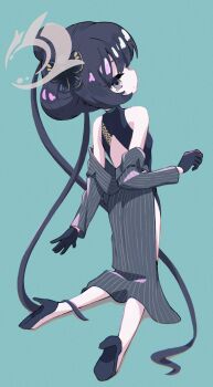 1girl absurdres aqua_background black_dress black_gloves black_hair black_shoes blue_archive butterfly_hair_ornament china_dress chinese_clothes commentary_request double_bun dragon_print dress full_body gloves grey_eyes grey_halo grey_jacket hair_bun hair_ornament halo highres jacket kisaki_(blue_archive) long_hair pinstripe_jacket pinstripe_pattern profile shoes side_slit sleeveless sleeveless_dress solo suwasui twintails very_long_hair