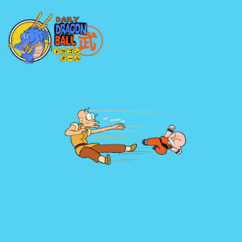 2boys bald bald_male black_eyes blue_background chibi dragon_ball flying highres kicking kuririn martial_arts multiple_boys serious surprised