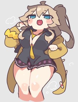 Rule 34 | 1girl, :d, ahoge, alternate body size, alternate breast size (larger), black shirt, blonde hair, blue eyes, blush, blush stickers, breasts, brown skirt, cardigan, cardigan pull, clothes pull, collared shirt, commentary request, cropped legs, fang, grey background, hand in own hair, heart, heart in mouth, highres, huge breasts, kasukabe tsumugi, long hair, loose necktie, mole, mole under eye, necktie, one side up, open mouth, pleated skirt, sakamoto ahiru, scrunchie, shirt, shirt pull, simple background, skin fang, skirt, smile, solo, steaming body, thick thighs, thighs, voicevox, yellow cardigan, yellow necktie, yellow scrunchie