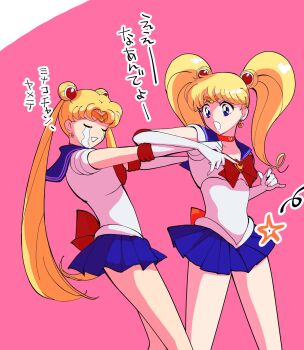 2girls aino_minako bishoujo_senshi_sailor_moon blonde_hair blue_eyes blue_sailor_collar choker closed_eyes cosplay crying double_bun elbow_gloves embarrassed gloves hair_bun hair_ornament heart highres long_hair looking_at_another multiple_girls namisonpictures official_alternate_costume official_alternate_hairstyle open_mouth red_choker sailor_collar sailor_moon sailor_moon_(cosplay) sailor_senshi_uniform smile thick_thighs thighs translation_request tsukino_usagi twintails very_long_hair white_gloves