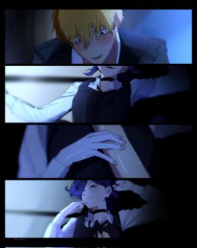 1boy 1girl @_@ black_border black_choker black_dress black_jacket black_ribbon blonde_hair blush border breasts chainsaw_man choker closed_mouth collared_shirt commentary_request denji_(chainsaw_man) derivative_work dress gakuran green_eyes hand_in_own_hair hetero highres holding_another's_wrist jacket korean_commentary lb_catbug medium_breasts medium_hair multiple_views neck_ribbon open_mouth pinafore_dress purple_hair red_eyes reze_(chainsaw_man) ribbon school_uniform shirt shirt_under_dress sleeveless sleeveless_dress smile sweat swept_bangs