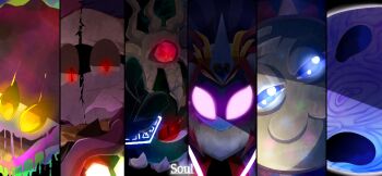 1other 2girls 3boys alternate_form blue_eyes drawcia drawcia_soul glowing glowing_eyes kirby&#039;s_return_to_dream_land kirby:_planet_robobot kirby_star_allies kirby:_triple_deluxe kirby_(series) kirby:_canvas_curse kirby_super_star maerlm34 magolor magolor_soul marx_(kirby) marx_soul master_crown monster multiple_boys multiple_girls nintendo no_humans purple_eyes queen_sectonia red_eyes smile soul_of_sectonia split star_dream star_dream_soul_os trait_connection void_soul void_termina wings