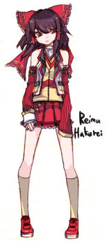 Rule 34 | 1girl, alternate costume, bare shoulders, bow, brown eyes, brown hair, casual, character name, contemporary, detached sleeves, female focus, hair bow, hair tubes, hakurei reimu, japanese clothes, miko, miniskirt, ribbon, short hair, skirt, socks, solo, tima, touhou, yellow socks