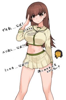 Rule 34 | 1girl, breasts, brown eyes, brown hair, commentary request, highres, kantai collection, kinakomochi (testament05), large breasts, long hair, long sleeves, midriff, miniskirt, navel, ooi (kancolle), ooi kai ni (kancolle), pleated skirt, sailor collar, school uniform, serafuku, skirt, translation request, very long hair, yellow sailor collar, yellow serafuku, yellow skirt