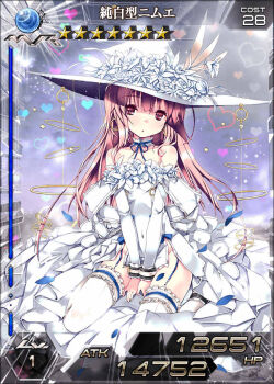 Rule 34 | 1girl, :o, bare shoulders, blue petals, blue ribbon, breasts, card (medium), character name, collarbone, covered navel, detached sleeves, dress, earrings, expressionless, flower, full body, garter straps, hair between eyes, hand between thighs, hat, head tilt, heart, jewelry, kai-ri-sei million arthur, kaku-san-sei million arthur, large hat, long hair, looking at viewer, million arthur (series), neck ribbon, nimue (kaku-san-sei million arthur), official art, pink hair, red eyes, refeia, ribbon, side slit, sitting, small breasts, solo, strapless, strapless dress, thighhighs, third-party source, variant set, wariza, white dress, white flower, white hat, white thighhighs, witch hat