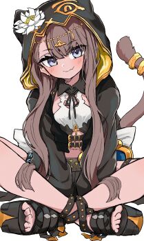 1girl absurdres ankh arknights black_ribbon black_sandals blue_eyes blush brown_hair brown_tail closed_mouth commentary ear_piercing fang flower full_body gold head_chain highres hood hood_up indian_style infection_monitor_(arknights) jewelry kamatama long_hair long_sleeves looking_at_viewer neck_ribbon pepe_(arknights) piercing platform_sandals ribbon sandals simple_background sitting skin_fang smile solo tail tail_ornament tail_raised tail_ring white_background white_flower
