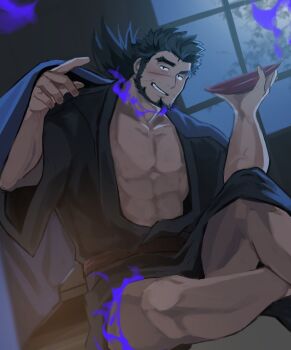 Rule 34 | 1boy, bara, bare pectorals, beard, black hair, blanket, blue fire, chinstrap beard, commentary request, cup, dark-skinned male, dark skin, drunk, facial hair, facial scar, feet out of frame, fire, forked eyebrows, highres, holding, holding blanket, holding cup, japanese clothes, kimono, large pectorals, looking at viewer, male focus, mature male, momodayuu4, muscular, muscular male, open clothes, open kimono, pectorals, sakazuki, sandayu (housamo), scar, scar on cheek, scar on face, smirk, solo, thick eyebrows, tokyo houkago summoners