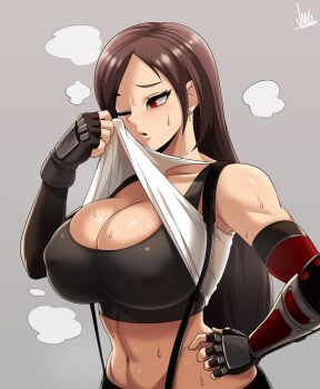 1girl abs absurdres arm_guards black_hair breasts cleavage clothes_lift female_focus final_fantasy final_fantasy_vii final_fantasy_vii_remake grey_background hand_on_own_hip highres jmg large_breasts lifting_own_clothes midriff muscular muscular_female navel shirt shirt_lift simple_background solo sports_bra steaming_body stomach suspenders sweat tank_top taut_clothes taut_shirt tifa_lockhart toned upper_body white_tank_top wiping_face wiping_with_clothes
