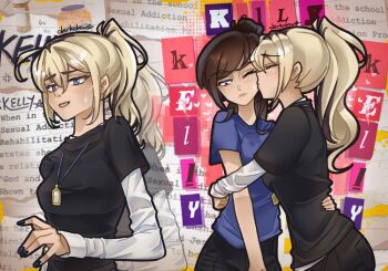 2girls black_hair black_pants black_sweater blonde_hair blue_eyes blue_nails blue_shirt blush class_of_09 closed_eyes closed_mouth derkdrew124 english_text hand_on_another's_waist heart hug jewelry kelly_(class_of_09) kiss kissing_cheek long_hair long_sleeves looking_to_the_side multiple_girls multiple_views necklace nicole_(class_of_09) pants paper_background paper_cutout parted_lips ponytail reference_sheet shirt short_sleeves sweatdrop sweater teeth text_background white_shirt yuri