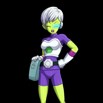 1girl breasts cheelai closed_eyes colored_skin dragon_ball dragon_ball_super dragon_ball_super_broly green_skin hand_on_own_hip medium_breasts official_art scouter smile solo white_hair