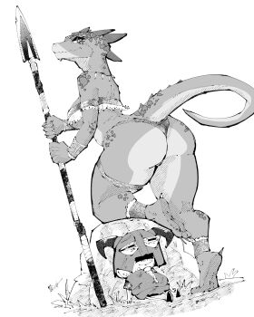 1girl absurdres argonian ass bandeau breasts closed_mouth commentary english_commentary from_behind full_body furry furry_female greyscale hatching_(texture) highres holding holding_polearm holding_weapon large_breasts linear_hatching looking_at_viewer looking_back miregeist monochrome panties polearm reptile_girl rock scales simple_background solo_focus spear standing tail the_elder_scrolls the_elder_scrolls_v:_skyrim thigh_strap underwear uneven_footing weapon white_background