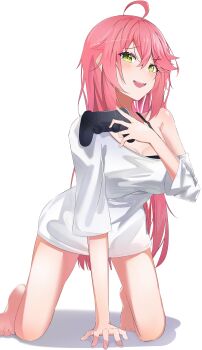 1girl absurdres ahoge alternate_costume bare_legs barefoot black_bra blush bra breasts controller fang full_body game_controller green_eyes hair_ornament hairclip hand_rest hand_up highres holding holding_controller holding_game_controller hololive impossible_clothes impossible_shirt kneeling large_breasts long_hair looking_at_viewer no_pants off_shoulder oversized_clothes oversized_shirt pink_hair sakura_miko shadow shirt short_sleeves simple_background single_off_shoulder skin_fang solo underwear virtual_youtuber watatabeseeds white_background x_hair_ornament