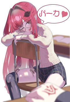 1girl absurdres baobhan_sith_(fate) black_skirt black_thighhighs blush breasts chair command_spell commentary_request desk fate/grand_order fate_(series) flower glasses grey_eyes hair_flower hair_ornament hanaet highres korean_commentary long_hair long_sleeves looking_at_viewer medium_breasts one_eye_closed open_mouth pink_hair pointy_ears round_eyewear sidelocks skirt smile solo_focus speech_bubble sweater thighhighs thighs tongue tongue_out translation_request white_sweater