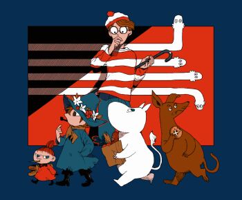 1girl 4boys animal_request bag beanie black_bow black_bowtie black_eyes black_footwear black_pants blue_background blue_coat blue_hat blue_pants boots bow bowtie bread brown_eyes brown_hair brown_scarf cane coat constricted_pupils covering_own_mouth crossover eating food from_side furrowed_brow genre_connection glaring glasses groceries hand_on_own_chin hand_over_own_mouth hat high_ponytail holding holding_bag holding_cane holding_food little_my long_sleeves looking_at_another looking_back looking_up moomin moomintroll mouth_hold multiple_boys newo_(shinra-p) pants paper_bag pointy_hat pom_pom_(clothes) pom_pom_beanie ponytail red_background red_coat red_hair red_shirt round_eyewear scarf shirt short_hair smoking_pipe sniff_(moomin) snufkin standing striped_clothes striped_shirt stroking_own_chin walking wally_(where&#039;s_wally) where&#039;s_wally white_hat