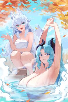 2girls absurdres animal_ears armpits arms_up astraline bathing black_horns blue_eyes blue_hair breasts character_request cleavage commentary_request convenient_censoring covering_privates cow_ears cow_girl cow_horns fujiwara_echi highres horns huge_breasts indie_virtual_youtuber large_breasts long_hair looking_at_viewer lumi_(merryweather) miilkywayz mole mole_on_breast mole_under_mouth multiple_girls naked_towel nude nude_cover onsen open_mouth outdoors partially_submerged ponytail same-sex_bathing shared_bathing smile squatting steam tail towel virtual_youtuber water white_hair wolf_ears wolf_girl wolf_tail
