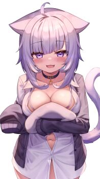 1girl absurdres ahoge animal_ear_fluff animal_ears bad_id bad_twitter_id black_choker blunt_bangs blush bottomless breasts cat_ears cat_tail choker cleavage collarbone deaver fang highres hololive large_breasts looking_at_viewer nekomata_okayu nekomata_okayu_(oversized_shirt) no_bra off_shoulder official_alternate_costume open_mouth purple_eyes purple_hair see-through_clothes shirt short_hair simple_background smile solo tail virtual_youtuber white_background white_shirt