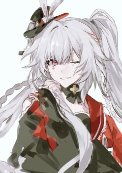 1girl animal_ears asymmetrical_sleeves bare_shoulders black_bow black_bowtie black_choker black_dress black_hat black_sleeves bow bowtie braid butterfly-shaped_pupils chain choker detached_sleeves dress facial_mark fake_animal_ears hair_between_eyes hand_up hat hat_with_ears holding honkai:_star_rail honkai_(series) long_hair long_sleeves looking_at_viewer mini_hat mismatched_sleeves one_eye_closed pink_eyes rabbit_ears red_sleeves sailor_collar simple_background sleeveless sleeveless_dress smile solo sparkle_(honkai:_star_rail) sparxie_(honkai:_star_rail) symbol-shaped_pupils teeth twin_braids twintails upper_body white_background white_hair wide_sleeves yanyuwanyyw