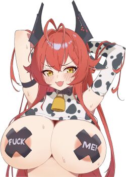 1girl alternate_costume animal_print antenna_hair areola_slip bell breasts commentary cow_print cowbell cross cross_pasties english_commentary fuck-me_pasties goddess_of_victory:_nikke highres hisi_978 horns huge_breasts mechanical_horns neck_bell pasties red_hair red_hood_(nikke) solo sweat upper_body white_background yellow_eyes