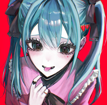 1girl absurdres black_ribbon blue_eyes blue_hair ear_piercing facial_mark fangs hair_ornament hair_ribbon hatsune_miku heart heart_facial_mark heart_hair_ornament highres jirai_kei long_hair neck_ribbon pao_(i_loxe_u) piercing pink_shirt red_background ribbon shirt solo tongue tongue_out tongue_piercing twintails upper_body vampire vampire_(vocaloid) vocaloid