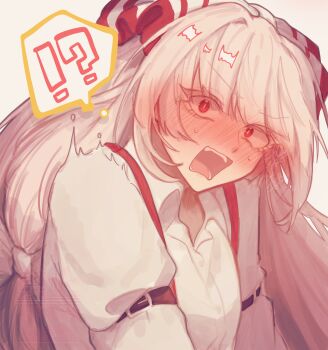 !? 1girl absurdres blonde_hair blush bow embarrassed fujiwara_no_mokou hair_bow highres long_hair long_sleeves open_mouth red_eyes shirt signature solo somei_ooo teeth touhou upper_body very_long_hair white_hair white_shirt