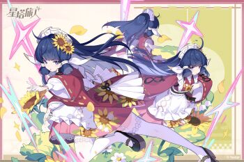 Rule 34 | 3girls, ahoge, apron, black shoes, blue hair, chinese commentary, clone, commentary request, copyright logo, copyright name, copyright notice, floral print, floral print kimono, flower, frilled apron, frills, garter straps, gloves, hair flower, hair ornament, highres, japanese clothes, kimono, kimono skirt, lace, lace gloves, layered sleeves, logo, long hair, long sleeves, looking at viewer, lossy-lossless, maid, maid headdress, mary janes, miniskirt, multiple girls, nanoha (stella sora), official art, open mouth, pleated skirt, print kimono, puffy long sleeves, puffy sleeves, purple eyes, red kimono, shirt, shoes, skirt, stella sora, stitched, sunflower, sunflower hair ornament, sunflower print, thighhighs, third-party edit, v-shaped eyebrows, wa maid, waist apron, white apron, white gloves, white shirt, white thighhighs