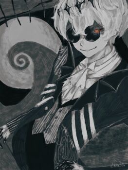 1boy black_crown crown diamond_hairband formal_clothes gloves highres jacket long_sleeves looking_at_viewer male_focus pinstripe_pattern pinstripe_suit pinstripe_vest round_eyewear short_hair skeleton_print skully_j._graves smile solo striped_clothes striped_vest suit the_nightmare_before_christmas twisted_wonderland user_znvh7455 vertical-striped_clothes vertical-striped_vest vest white_hair