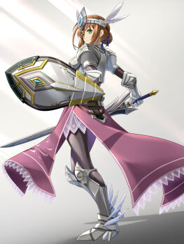 1girl armor armored_boots armored_dress boots braid braided_bun brown_hair chiga_akira dress duvalie eiyuu_densetsu full_body gauntlets green_eyes hair_bun hajimari_no_kiseki highres holding holding_shield holding_sword holding_weapon huge_weapon light_rays pauldrons sen_no_kiseki_(series) sen_no_kiseki_i shadow shield shoulder_armor sidelocks single_hair_bun solo sunbeam sunlight sword thighhighs weapon