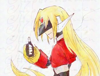 1boy armor assault_visor blonde_hair facial_mark forehead_mark from_behind girouette_(mega_man) highres hyper_manzoku long_hair mega_man_(series) mega_man_zx model_z_(mega_man) parted_lips red_armor robot_ears smile thumbs_up upper_body