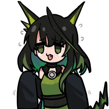 1girl animal_ears animated animated_gif arknights black_hair fang female_focus flying_sweatdrops green_eyes green_hair highres mon3tr_(arknights) multicolored_hair open_mouth simple_background sweatdrop tail trembling two-tone_hair upper_body white_background worried yyyyuec