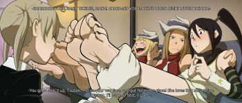 4girls absurdres barefoot black_hair blonde_hair closed_eyes couch elizabeth_thompson english_text feet feet_up femdom foot_focus foot_worship hat highres indoors kiryu_(pixiv44966832) laughing maka_albarn multiple_girls nakatsukasa_tsubaki patricia_thompson ponytail soul_eater twintails yuri