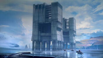 Rule 34 | 3boys, bird, building, castle, cloud, cloudy sky, commentary, concrete, english commentary, flock, from side, highres, horseback riding, knight, lake, landscape, mountain, multiple boys, original, outdoors, pillar, raphael-lacoste, riding, scenery, signature, sky