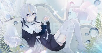 1girl air_bubble black_ribbon black_shirt black_shorts blonde_hair blonde_streaks book bubble commentary double_bun fish flower full_body grey_hair hair_bun hair_ribbon highres holding holding_book iei000 indoors long_sleeves looking_at_viewer lying multicolored_hair on_back original puffy_sleeves ribbon sample_watermark shirt shorts solo streaked_hair thighhighs two-tone_hair watermark white_flower white_thighhighs