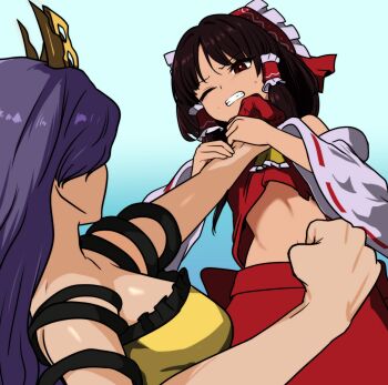 2girls absurdres bare_arms bow brown_hair chirizuka_ubame clenched_hand clenched_teeth commentary_request dress fossilized_wonders frilled_hair_tubes frills hair_tubes hakurei_reimu highres long_hair medium_hair midriff monadmandara multiple_girls navel purple_hair red_bow red_eyes red_shirt red_skirt shirt skirt stomach teeth touhou very_long_hair yellow_dress