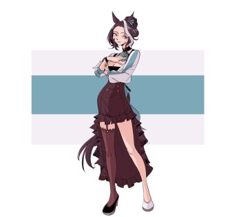 Rule 34 | 1girl, absurdres, animal ears, aqua ascot, ascot, asymmetrical footwear, black hair, black skirt, blue ascot, braid, braided bun, breasts, cleavage, commentary, english commentary, full body, garter straps, gloves, hair bun, highres, horse ears, horse girl, horse tail, junglespocket, large breasts, long hair, long sleeves, looking at viewer, mejiro ramonu (onyx line) (umamusume), mejiro ramonu (umamusume), mismatched footwear, mole, mole under eye, multicolored hair, parted lips, purple eyes, shirt, single garter strap, single glove, single thighhigh, skirt, smile, solo, streaked hair, striped hair, tail, thighhighs, umamusume, white gloves, white hair, white shirt, white thighhighs