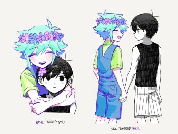 2boys :d antenna_hair aqua_hair bare_arms bare_shoulders basil_(headspace)_(omori) basil_(omori) black_eyes black_hair black_tank_top blue_flower blue_overalls blue_rose blush character_name closed_mouth collared_shirt colored_skin cropped_legs cropped_shoulders cropped_torso crossed_arms derivative_work empty_eyes expressionless face-to-face facing_another facing_viewer flower flower_wreath from_behind frown green_shirt grey_background hair_behind_ear hair_flower hair_ornament hatching_(texture) head_wreath highres holding_hands hug hug_from_behind iomor_snuuy kneepits leaf looking_at_another looking_at_viewer male_focus multiple_boys no_mouth no_pupils omori omori_(omori) open_mouth overall_shorts overalls pale_skin pink_flower pink_rose pinstripe_shorts profile purple_flower rose screenshot_redraw shirt short_hair short_sleeves shorts simple_background smile standing tank_top teeth tongue upper_teeth_only very_short_hair white_shorts white_skin