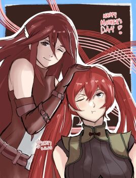 Rule 34 | 2girls, ;), artist name, closed mouth, cordelia (fire emblem), dated, dress, elbow gloves, feather hair ornament, feathers, fire emblem, fire emblem awakening, gloves, hair between eyes, hair ornament, hand on another's head, happy mother's day, kaen (yoltablaze), long hair, mother's day, mother and daughter, multiple girls, nintendo, one eye closed, pout, red dress, red eyes, red gloves, red hair, severa (fire emblem), smile, twintails, upper body, very long hair