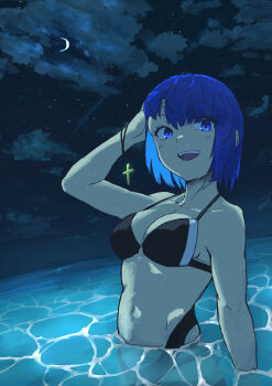 1girl absurdres ahoge bare_shoulders bikini black_bikini blue_eyes blue_hair blush breasts c.i.e.l_(fate) mysterious_executor_c.i.e.l_(fate) ciel_(tsukihime) cleavage collarbone crescent_moon cross cross_necklace fate/grand_order fate_(series) highres jewelry looking_at_viewer medium_breasts moon navel necklace night night_sky ocean open_mouth short_hair sky smile solo swimsuit unworn_jewelry unworn_necklace zakio