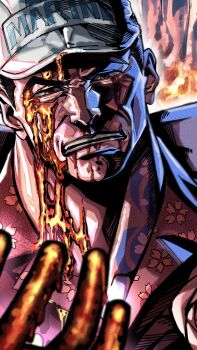 1boy bara commentary_request fire grimace hat highres lava looking_at_hand male_focus mature_male one_piece sakazuki_(one_piece) short_hair solo thick_neck tobo_katsuo upper_body white_hat