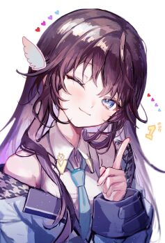 1girl absurdres aqua_bow aqua_bowtie armpit_crease blue_eyes blush bow bowtie collared_shirt commentary_request feather_hair_ornament feathers hair_ornament head_tilt heart highres long_hair long_sleeves noripro one_eye_closed pipi_(pipinavigation) purple_hair shirt smile virtual_youtuber washu_asuka white_background