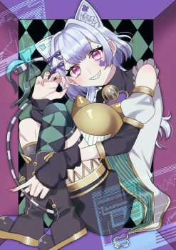 1girl animal_ears argyle_background argyle_clothes argyle_thighhighs asymmetrical_legwear bare_shoulders bell boots bow bowtie cat_ears club_(shape) detached_sleeves diamond_(shape) duel_monster fingernails floating_screen full_body hair_between_eyes hair_ornament hand_up highres hugging_object jester knees_up long_hair looking_at_viewer lying maliss_&lt;p&gt;_chessy_cat mismatched_legwear nail_polish on_back paw_pose pink_eyes pinyata_(pinyaland) sharp_teeth shorts sidelocks sleeves_past_wrists smile solo tail teeth thighhighs toy yu-gi-oh!