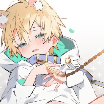 1boy animal_ear_fluff animal_ears belt_collar bishounen blonde_hair blue_collar blush bottomless cat_ears chain chain_leash collar commentary_request extra_ears fang gold_chain green_eyes grey_background hair_between_eyes hands_on_own_chest hands_up heart hood hood_down hoodie leash long_sleeves looking_at_viewer lying male_focus marui_shiro narrowed_eyes on_back open_mouth original out-of-frame_censoring short_hair sidelocks single_sleeve_past_wrist smile solo two-sided_hoodie upper_body white_hoodie