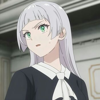 1girl black_shirt female_focus grey_hair long_hair looking_to_the_side miralys open_mouth shirt surprised unnamed_memory upper_body