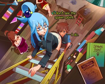 1boy ahoge aqua_(konosuba) bare_shoulders blue_eyes blue_hair book book_stack bookshelf breasts brown_eyes brown_hair chomusuke cleavage collarbone commentary english_commentary english_text glasses hair_over_one_eye highres holding indoors kono_subarashii_sekai_ni_shukufuku_wo! ladder lattochan library long_hair long_sleeves megumin multiple_girls satou_kazuma thighhighs wiz_(konosuba) yellow_eyes