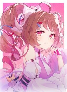 Rule 34 | 1girl, ahoge, aprahnicus, ardelia (arknights), arknights, arknights: endfield, bare shoulders, brown hair, detached sleeves, dress, eyjafjalla (arknights), fingerless gloves, gloves, highres, horns, long hair, looking at viewer, multicolored gloves, pink eyes, sheep girl, sheep horns, side ponytail, sleeveless, sleeveless dress, solo, two-tone gloves, upper body