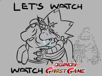 Rule 34 | angoramon, belt, closed eyes, digimon, digimon (creature), digimon ghost game, espimon, fang, french kiss, gammamon, gulusgammamon, highres, horns, jellyfish girl, jellymon, kiss, meme, monster girl, smile, surprised, teeth, tentacle hair, tentacles, yoshi and toad kissing (meme), zackamperez